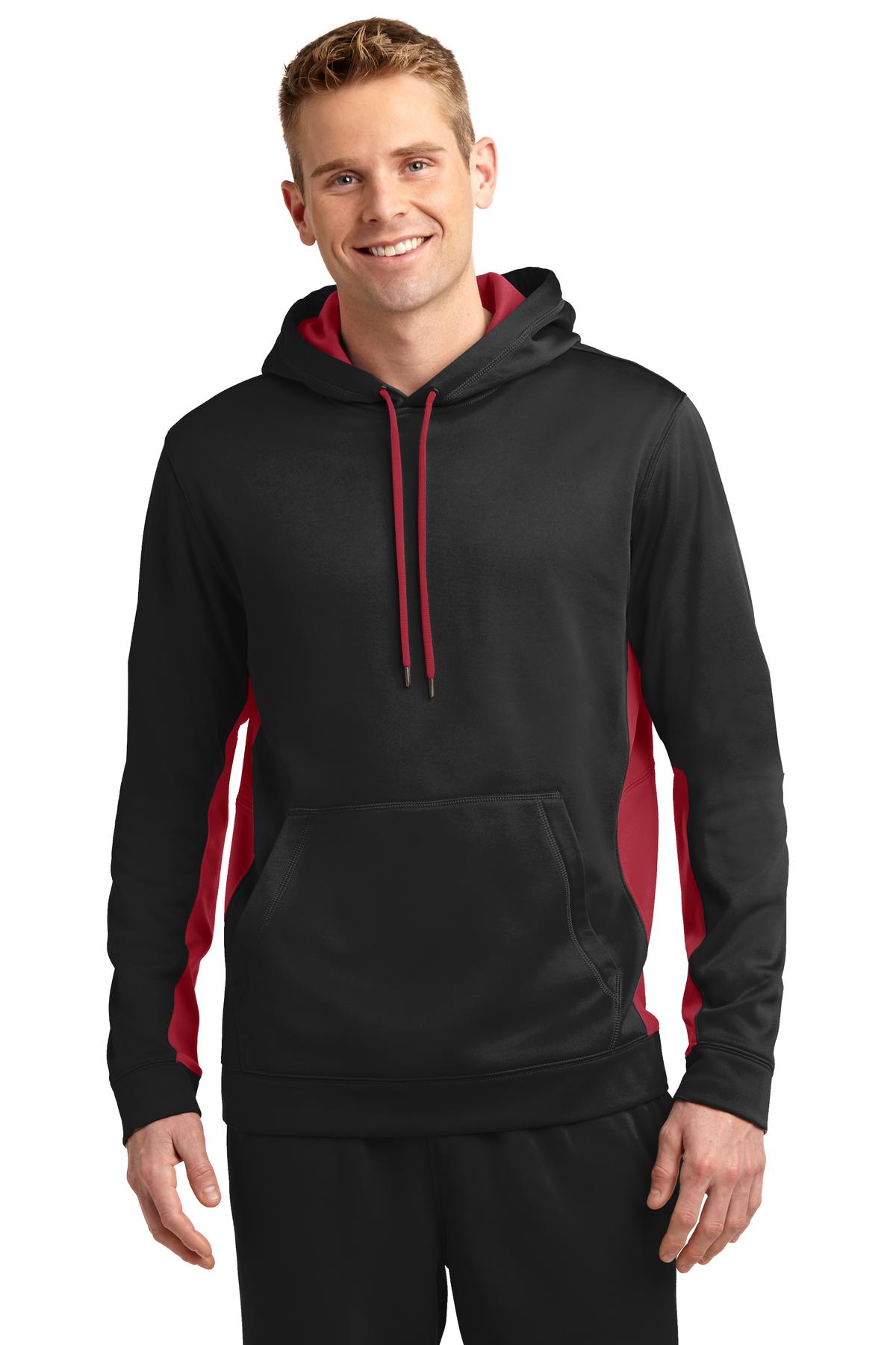 Sport-Tek Sport-Wick Fleece Colorblock Hooded Pullover. ST235 Black/ Deep Red