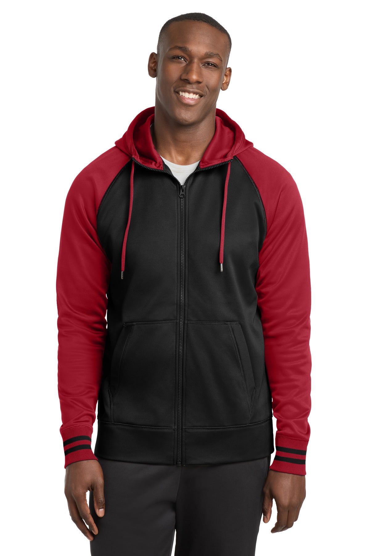 Sport-Tek Sport-Wick Varsity Fleece Full-Zip Hooded Jacket ST236 Black/ Deep Red