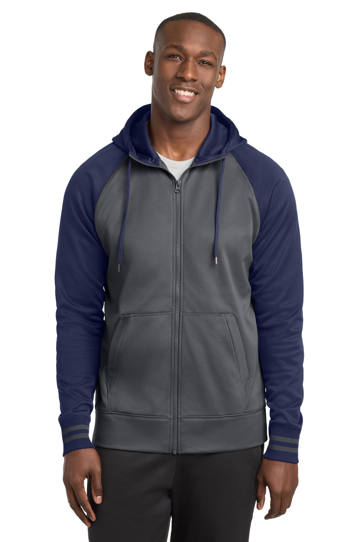 Sport-Tek Sport-Wick Varsity Fleece Full-Zip Hooded Jacket ST236 Dark Smoke Grey/ Navy