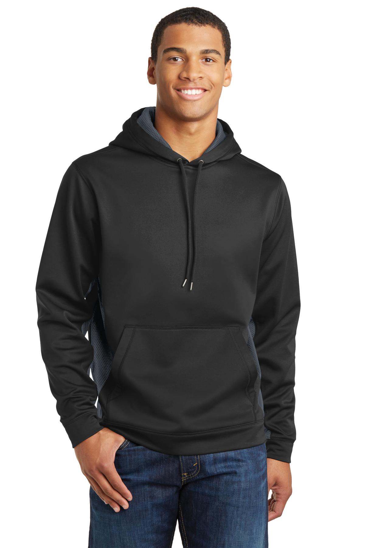 Sport-Tek Sport-Wick CamoHex Fleece Colorblock Hooded Pullover. ST239 Black/ Dark Smoke Grey