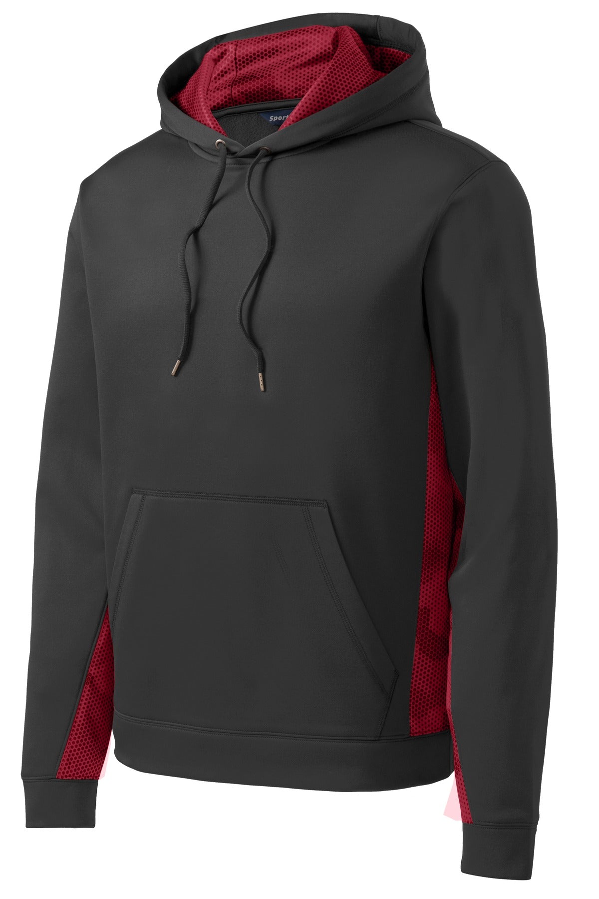 Sport-Tek Sport-Wick CamoHex Fleece Colorblock Hooded Pullover. ST239 Black/ Deep Red