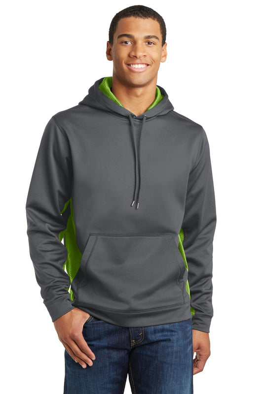 Sport-Tek Sport-Wick CamoHex Fleece Colorblock Hooded Pullover. ST239 Dark Smoke Grey/ Lime Shock