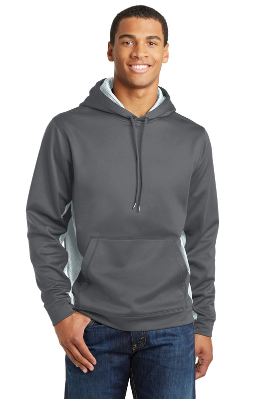 Sport-Tek Sport-Wick CamoHex Fleece Colorblock Hooded Pullover. ST239 Dark Smoke Grey/ White