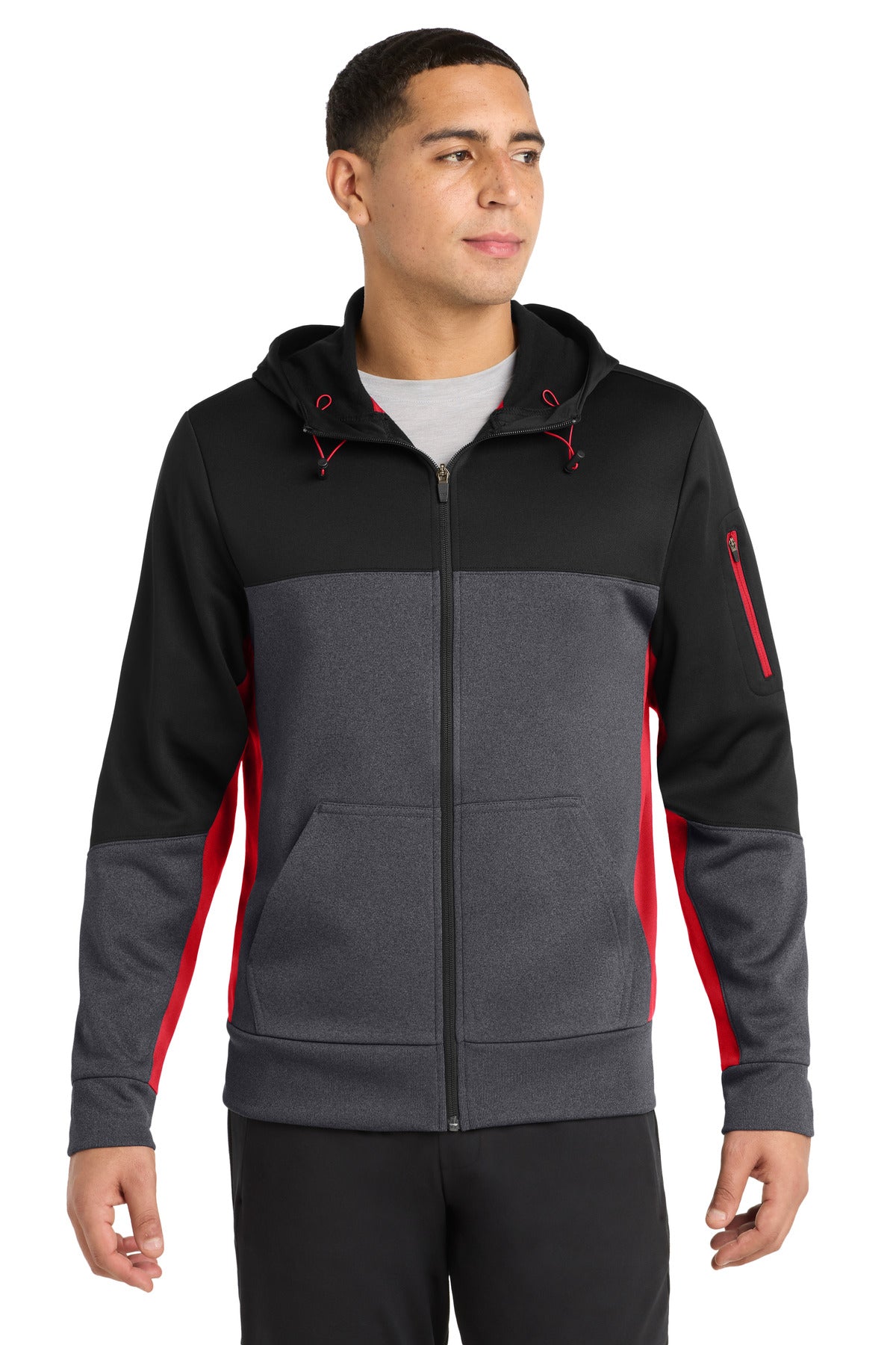 Sport-Tek Tech Fleece Colorblock Full-Zip Hooded Jacket ST245 Black/ Graphite Heather/ True Red
