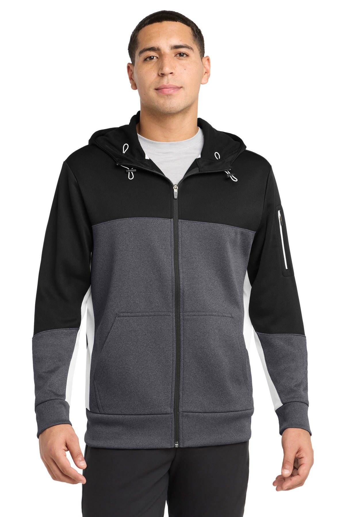 Sport-Tek Tech Fleece Colorblock Full-Zip Hooded Jacket ST245 Black/ Graphite Heather/ White