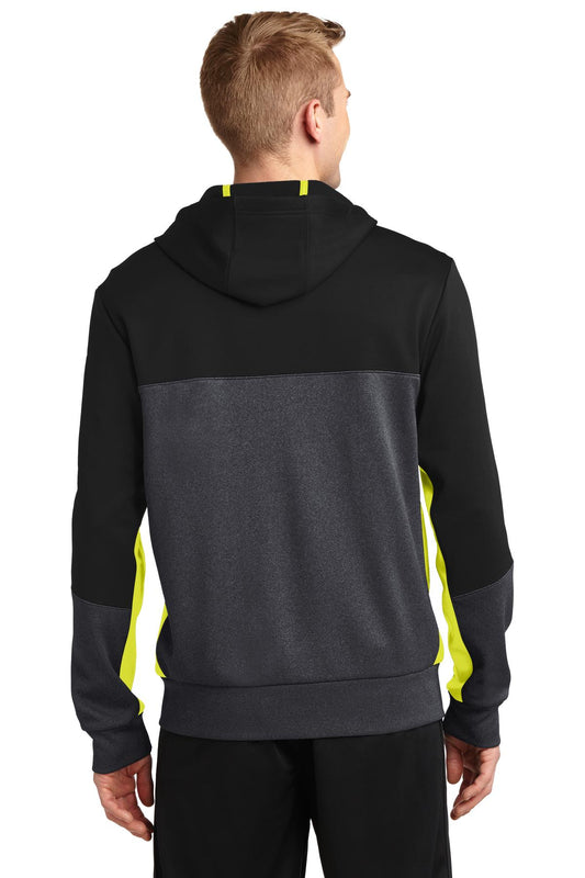 Sport-Tek Tech Fleece Colorblock Full-Zip Hooded Jacket. ST245 Black/ Graphite Heather/ Citron