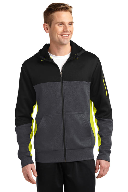 Sport-Tek Tech Fleece Colorblock Full-Zip Hooded Jacket. ST245 Black/ Graphite Heather/ Citron