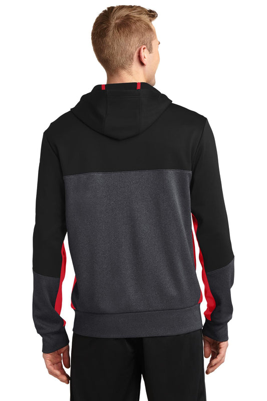 Sport-Tek Tech Fleece Colorblock Full-Zip Hooded Jacket. ST245 Black/ Graphite Heather/ True Red