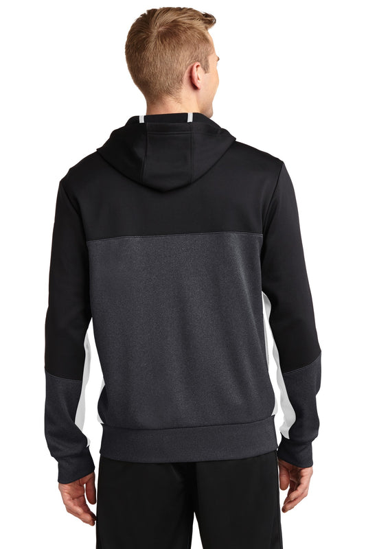 Sport-Tek Tech Fleece Colorblock Full-Zip Hooded Jacket. ST245 Black/ Graphite Heather/ White