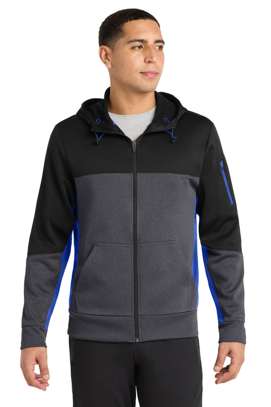 Sport-Tek Tech Fleece Colorblock Full-Zip Hooded Jacket ST245 Black/ Graphite Heather/ True Royal