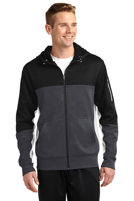 Sport-Tek Tech Fleece Colorblock Full-Zip Hooded Jacket. ST245 Black/ Graphite Heather/ White