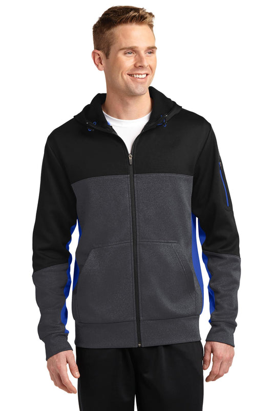 Sport-Tek Tech Fleece Colorblock Full-Zip Hooded Jacket. ST245 Black/ Graphite Heather/ True Royal