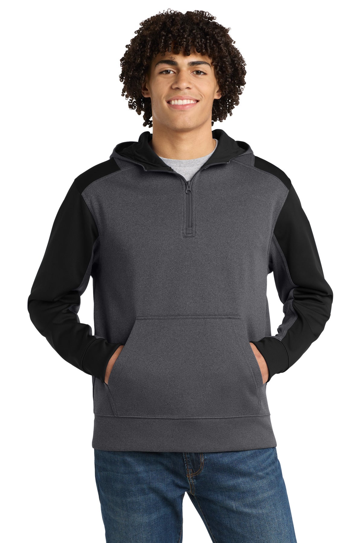 Sport-Tek Tech Fleece Colorblock 1/4-Zip Hooded Sweatshirt ST249 Graphite Heather/ Black
