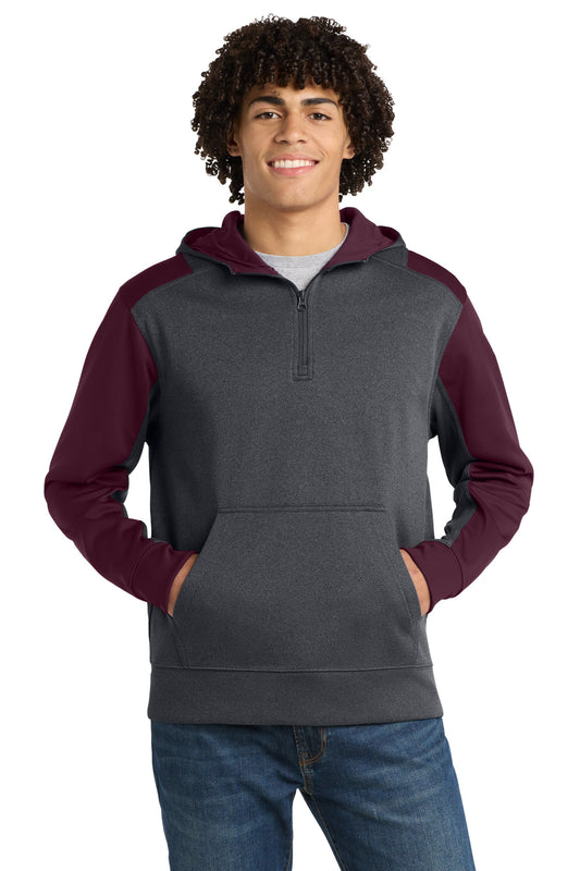 Sport-Tek Tech Fleece Colorblock 1/4-Zip Hooded Sweatshirt ST249 Graphite Heather/ Maroon