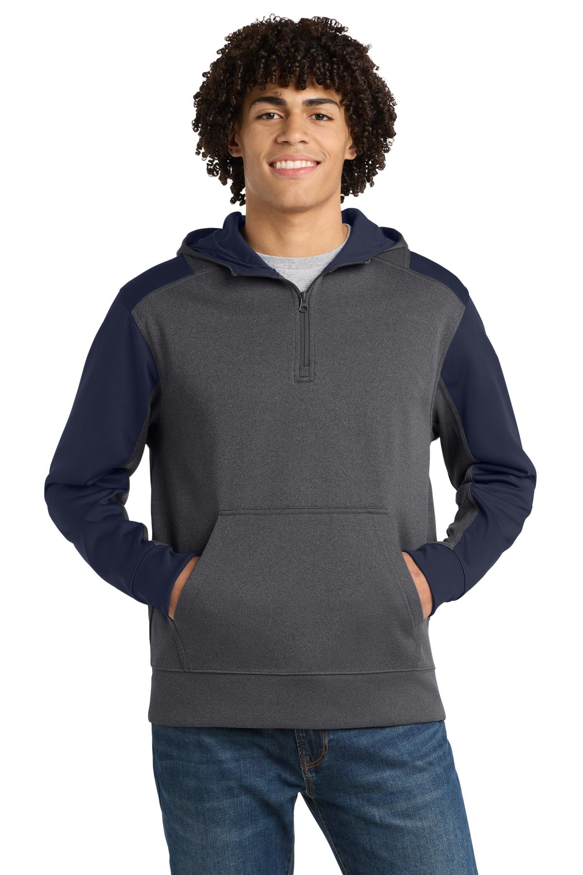 Sport-Tek Tech Fleece Colorblock 1/4-Zip Hooded Sweatshirt ST249 Graphite Heather/ True Navy