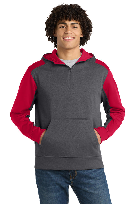 Sport-Tek Tech Fleece Colorblock 1/4-Zip Hooded Sweatshirt ST249 Graphite Heather/ True Red