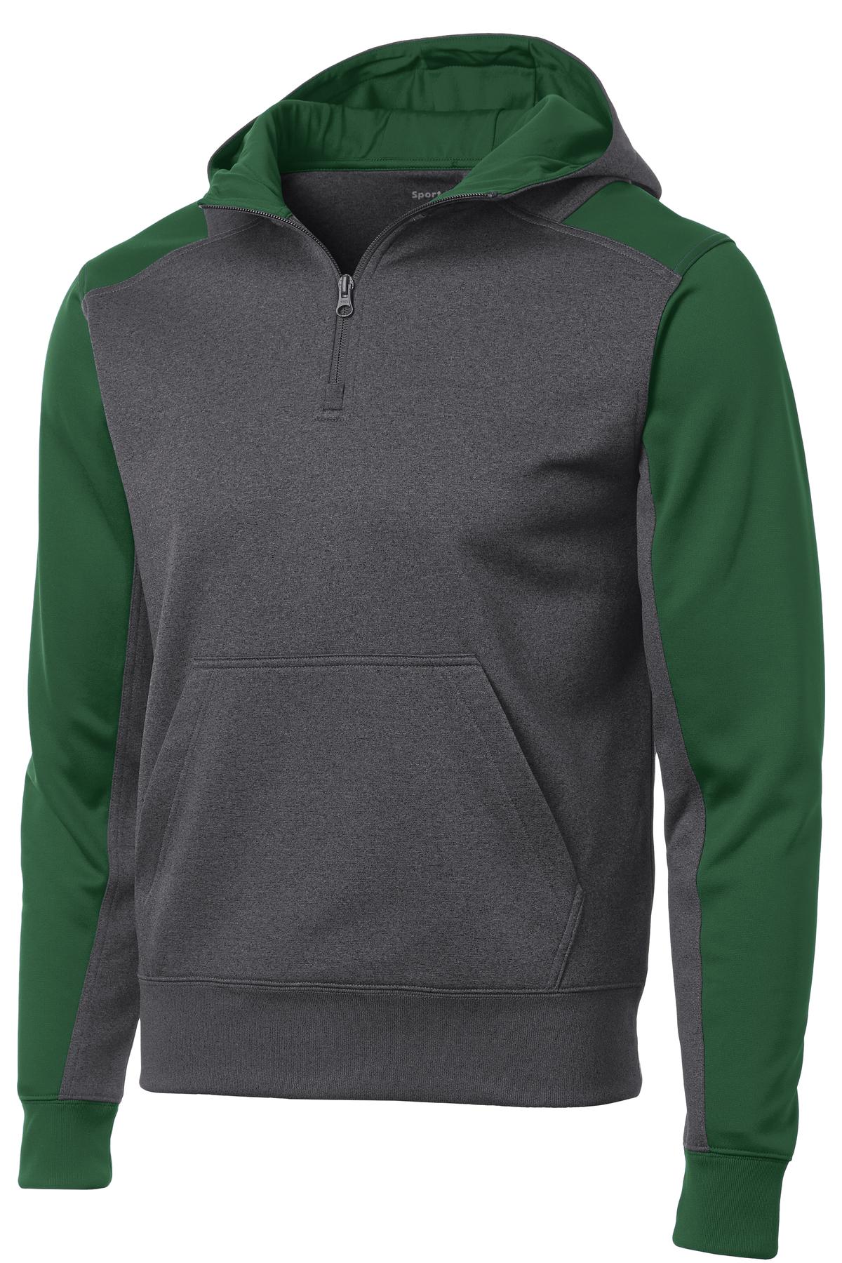 Sport-Tek  Tech Fleece Colorblock 1/4-Zip Hooded Sweatshirt. ST249 Graphite Heather/ Forest Green