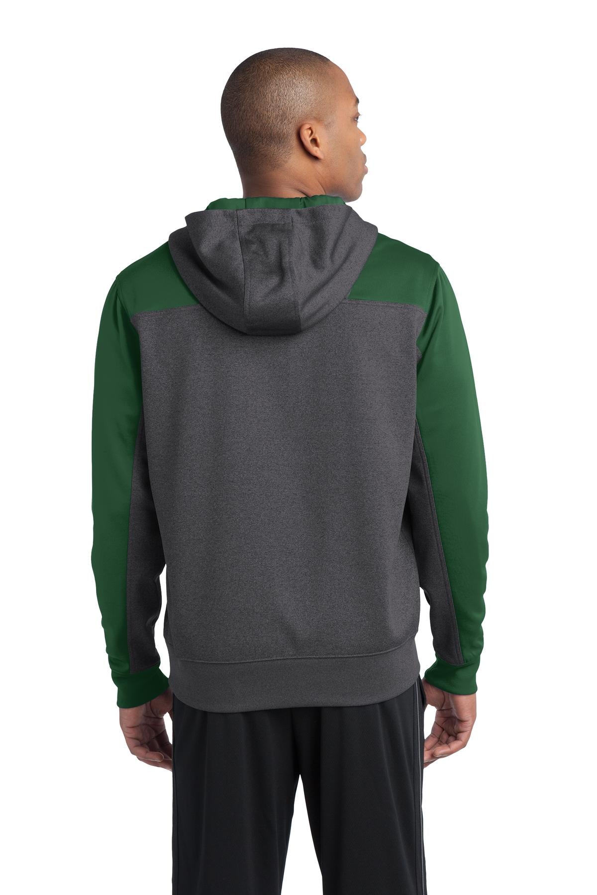 Sport-Tek  Tech Fleece Colorblock 1/4-Zip Hooded Sweatshirt. ST249 Graphite Heather/ Forest Green