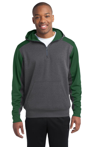 Sport-Tek  Tech Fleece Colorblock 1/4-Zip Hooded Sweatshirt. ST249 Graphite Heather/ Forest Green