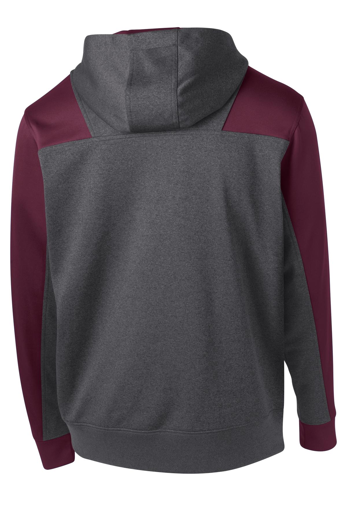 Sport-Tek  Tech Fleece Colorblock 1/4-Zip Hooded Sweatshirt. ST249 Graphite Heather/ Maroon
