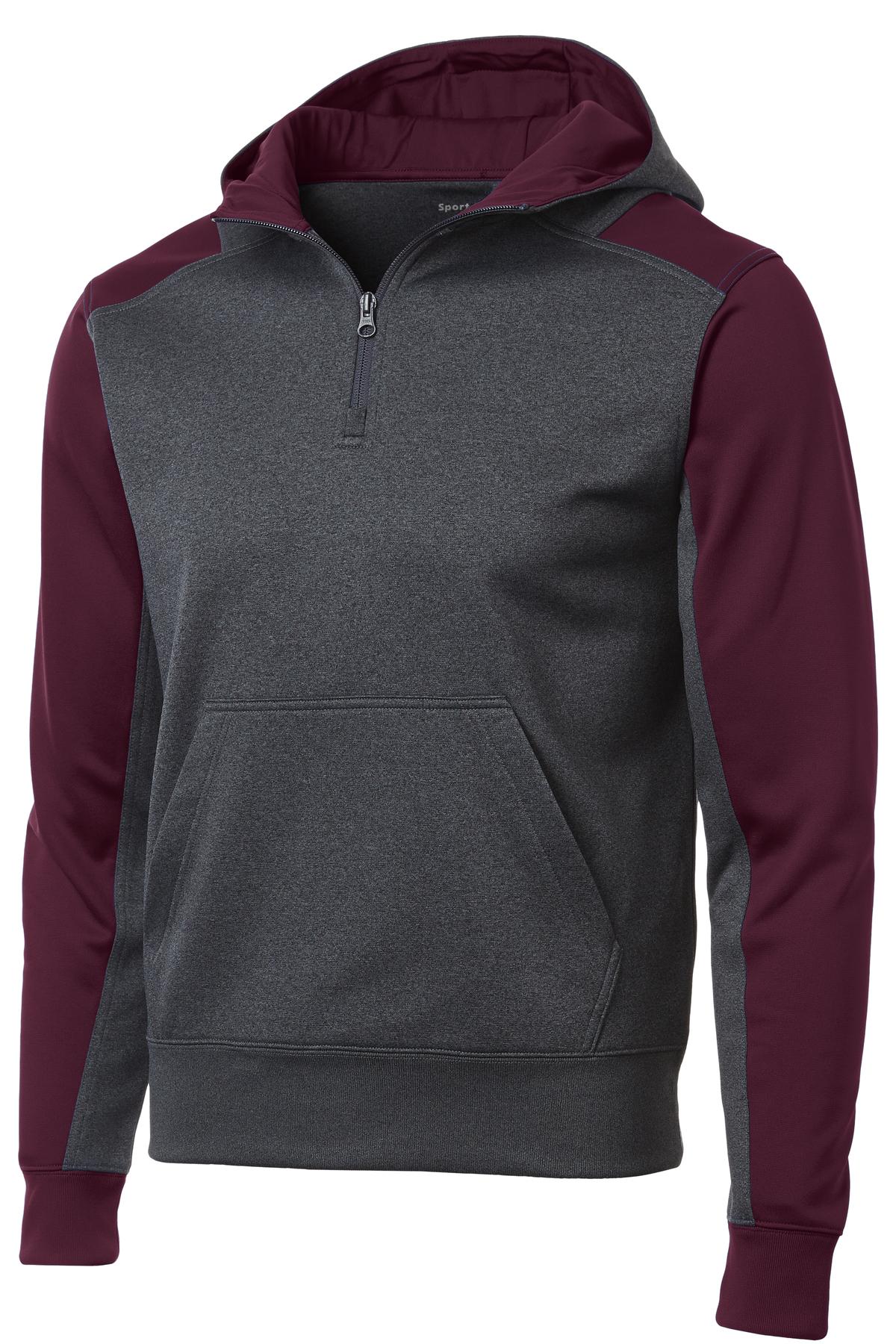 Sport-Tek  Tech Fleece Colorblock 1/4-Zip Hooded Sweatshirt. ST249 Graphite Heather/ Maroon