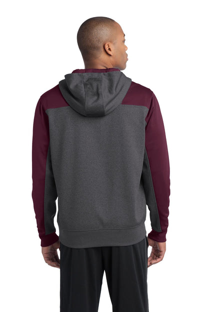 Sport-Tek  Tech Fleece Colorblock 1/4-Zip Hooded Sweatshirt. ST249 Graphite Heather/ Maroon