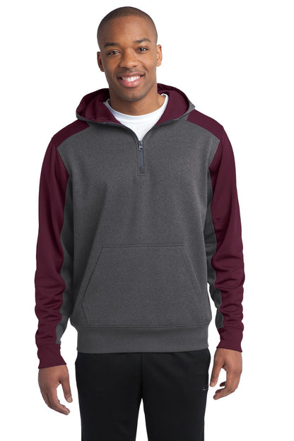 Sport-Tek  Tech Fleece Colorblock 1/4-Zip Hooded Sweatshirt. ST249 Graphite Heather/ Maroon