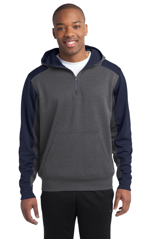 Sport-Tek  Tech Fleece Colorblock 1/4-Zip Hooded Sweatshirt. ST249 Graphite Heather/ True Navy