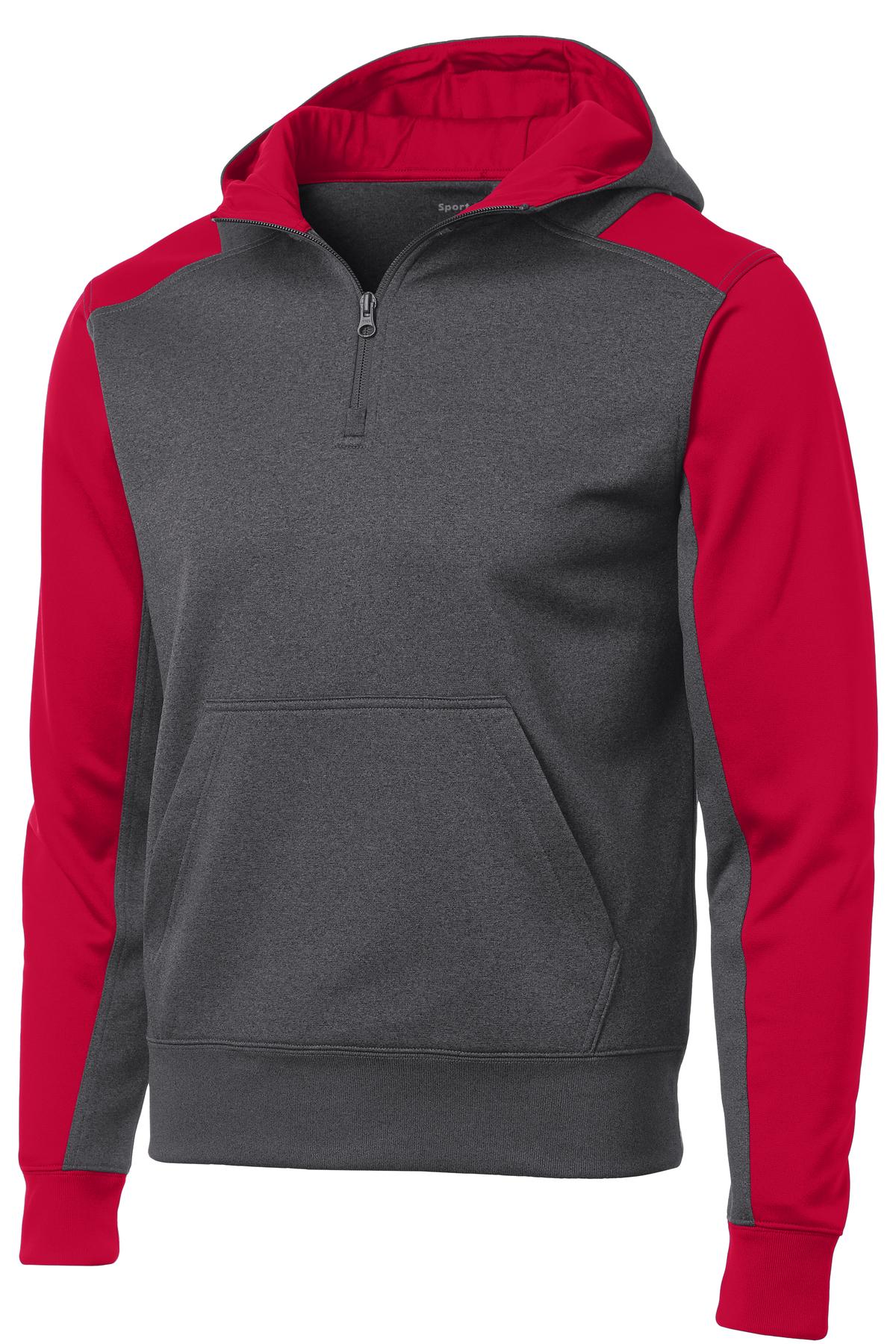 Sport-Tek  Tech Fleece Colorblock 1/4-Zip Hooded Sweatshirt. ST249 Graphite Heather/ True Red