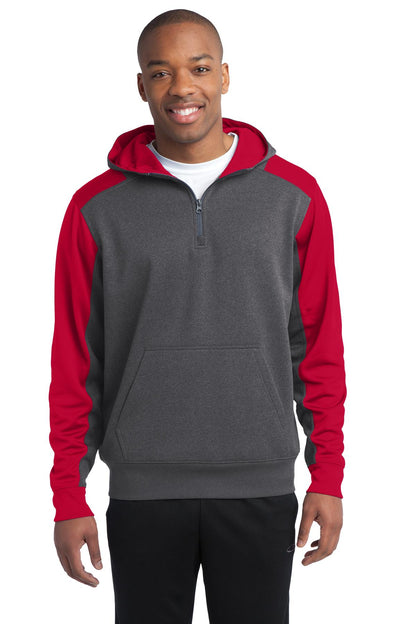 Sport-Tek  Tech Fleece Colorblock 1/4-Zip Hooded Sweatshirt. ST249 Graphite Heather/ True Red