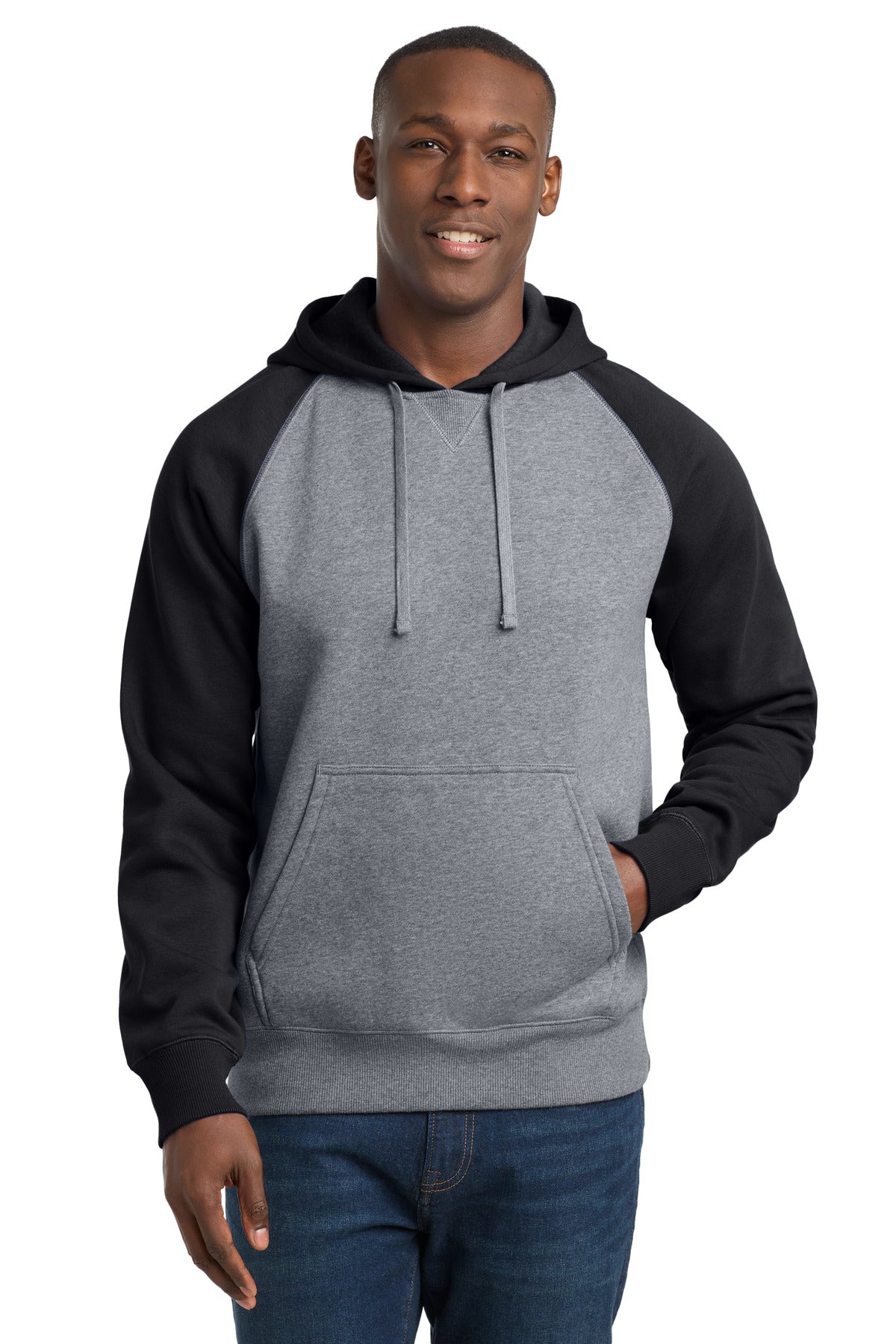 Sport-Tek Raglan Colorblock Pullover Hooded Sweatshirt ST267 Black/ Vintage Heather