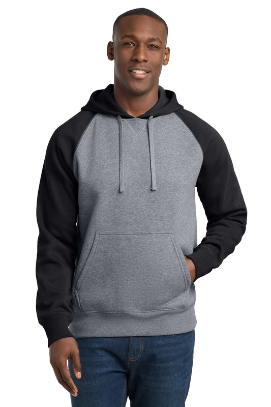 Sport-Tek Raglan Colorblock Pullover Hooded Sweatshirt ST267 Black/ Vintage Heather