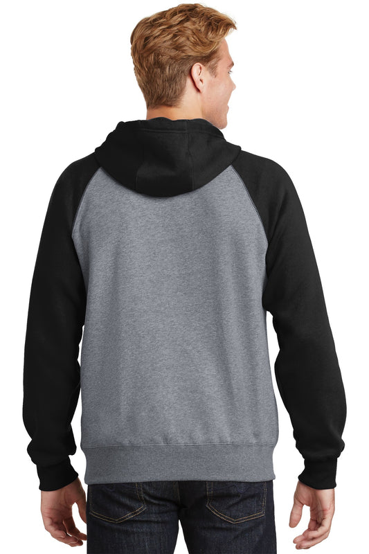 Sport-Tek Raglan Colorblock Pullover Hooded Sweatshirt. ST267 Black/ Vintage Heather