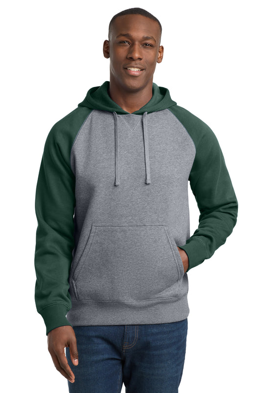 Sport-Tek Raglan Colorblock Pullover Hooded Sweatshirt ST267 Forest Green/ Vintage Heather