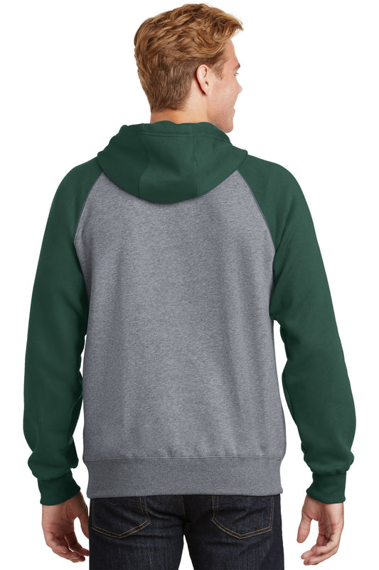 Sport-Tek Raglan Colorblock Pullover Hooded Sweatshirt. ST267 Forest Green/ Vintage Heather