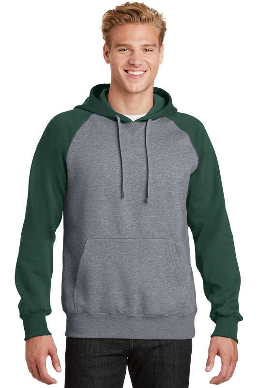 Sport-Tek Raglan Colorblock Pullover Hooded Sweatshirt. ST267 Forest Green/ Vintage Heather