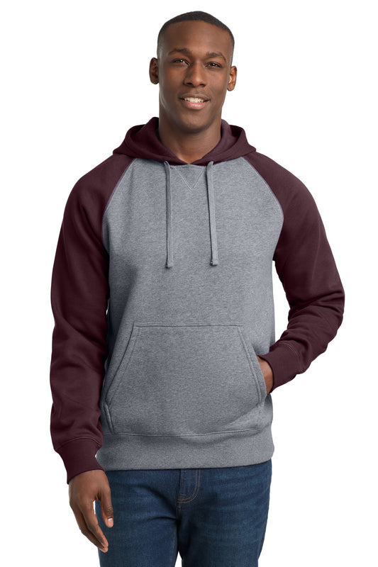Sport-Tek Raglan Colorblock Pullover Hooded Sweatshirt ST267 Maroon/ Vintage Heather