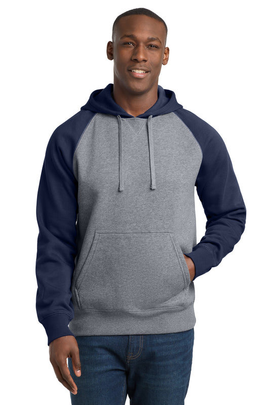 Sport-Tek Raglan Colorblock Pullover Hooded Sweatshirt ST267 True Navy/ Vintage Heather