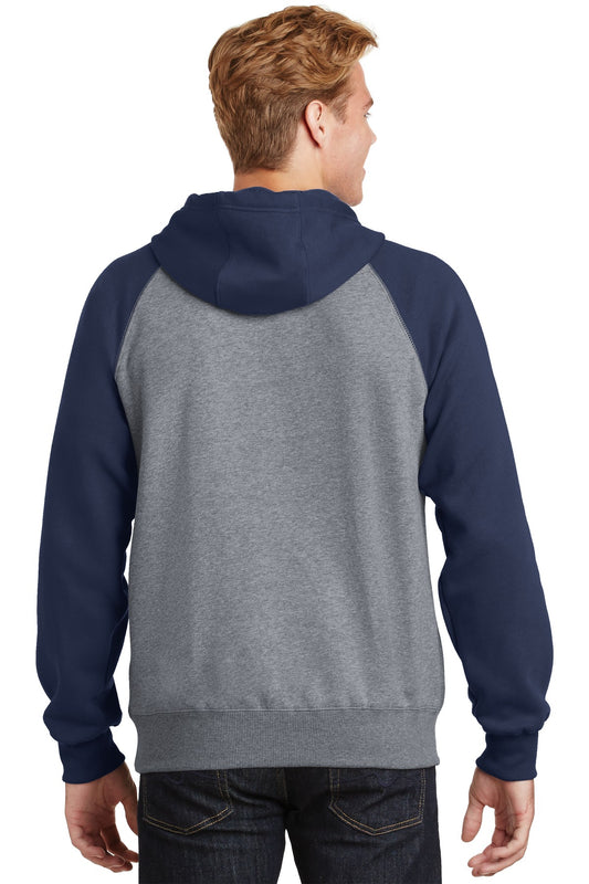 Sport-Tek Raglan Colorblock Pullover Hooded Sweatshirt. ST267 True Navy/ Vintage Heather