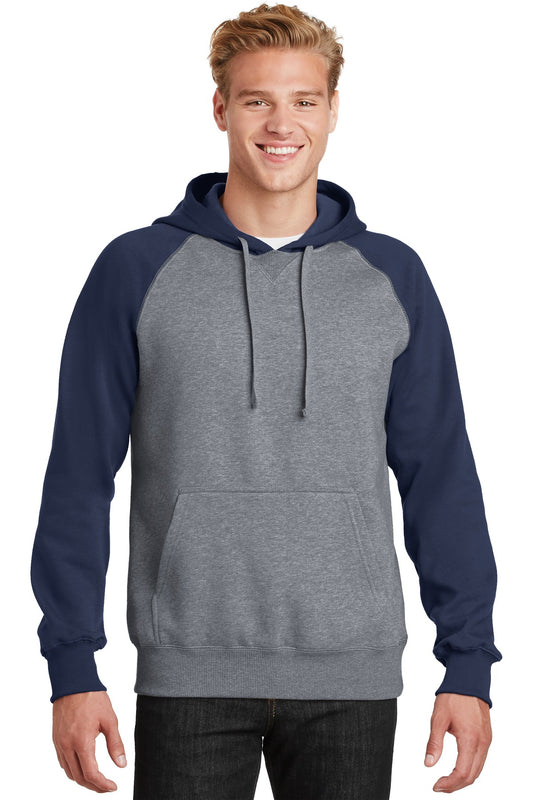 Sport-Tek Raglan Colorblock Pullover Hooded Sweatshirt. ST267 True Navy/ Vintage Heather