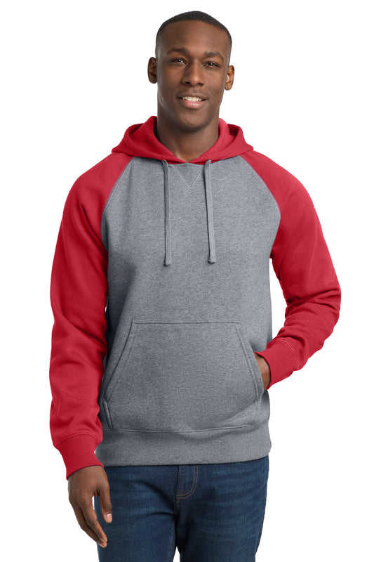 Sport-Tek Raglan Colorblock Pullover Hooded Sweatshirt ST267 True Red/ Vintage Heather