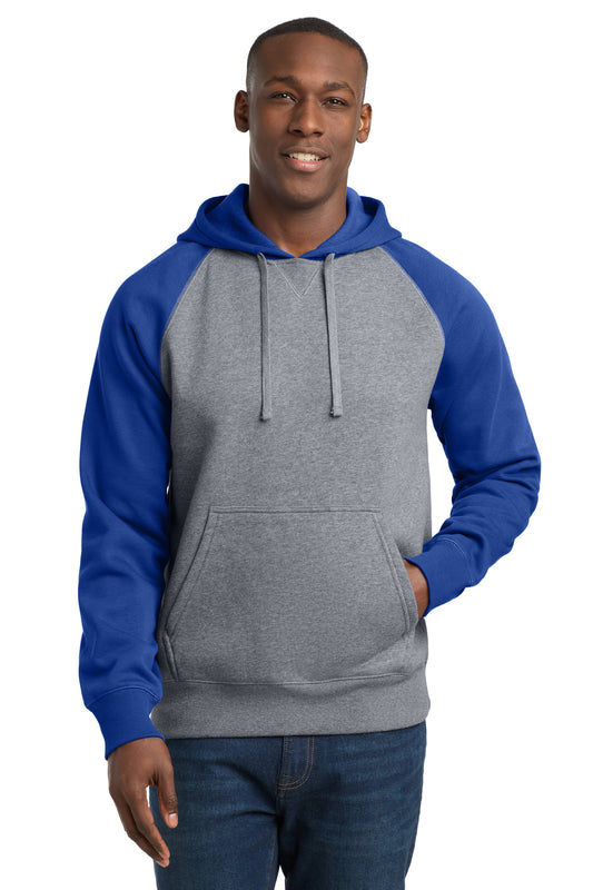 Sport-Tek Raglan Colorblock Pullover Hooded Sweatshirt ST267 True Royal/ Vintage Heather