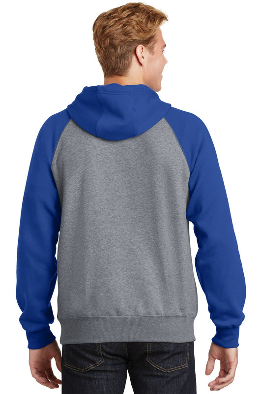 Sport-Tek Raglan Colorblock Pullover Hooded Sweatshirt. ST267 True Royal/ Vintage Heather