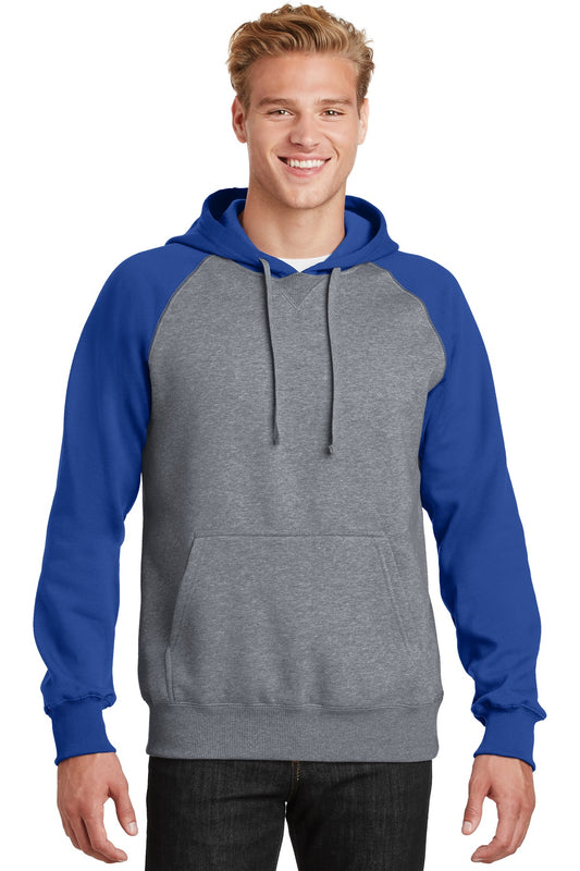 Sport-Tek Raglan Colorblock Pullover Hooded Sweatshirt. ST267 True Royal/ Vintage Heather