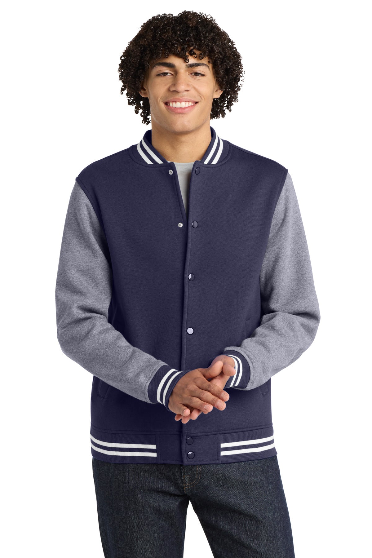 Sport-Tek Fleece Letterman Jacket ST270 True Navy/ Vintage Heather
