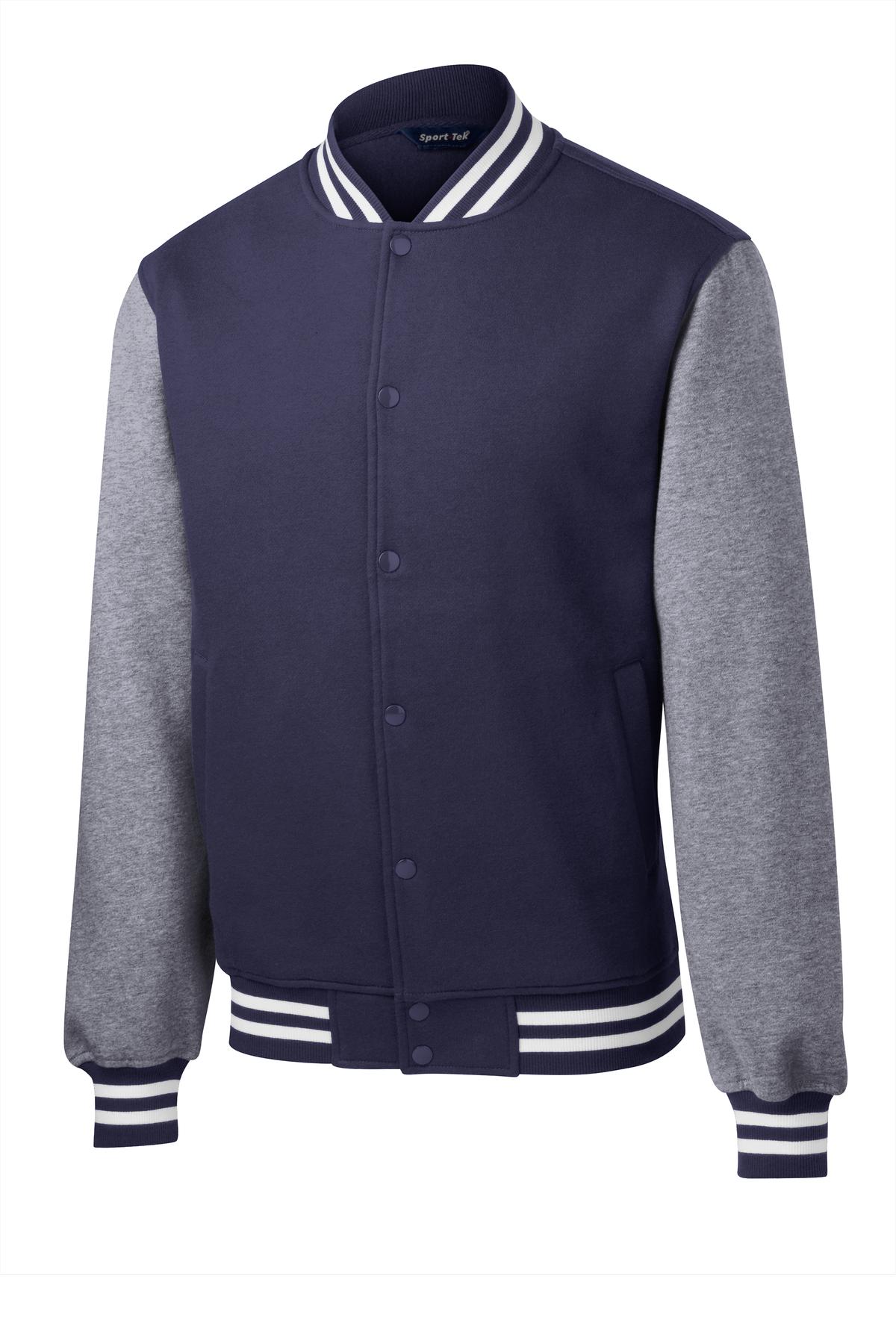 Sport-Tek Fleece Letterman Jacket. ST270 True Navy/ Vintage Heather