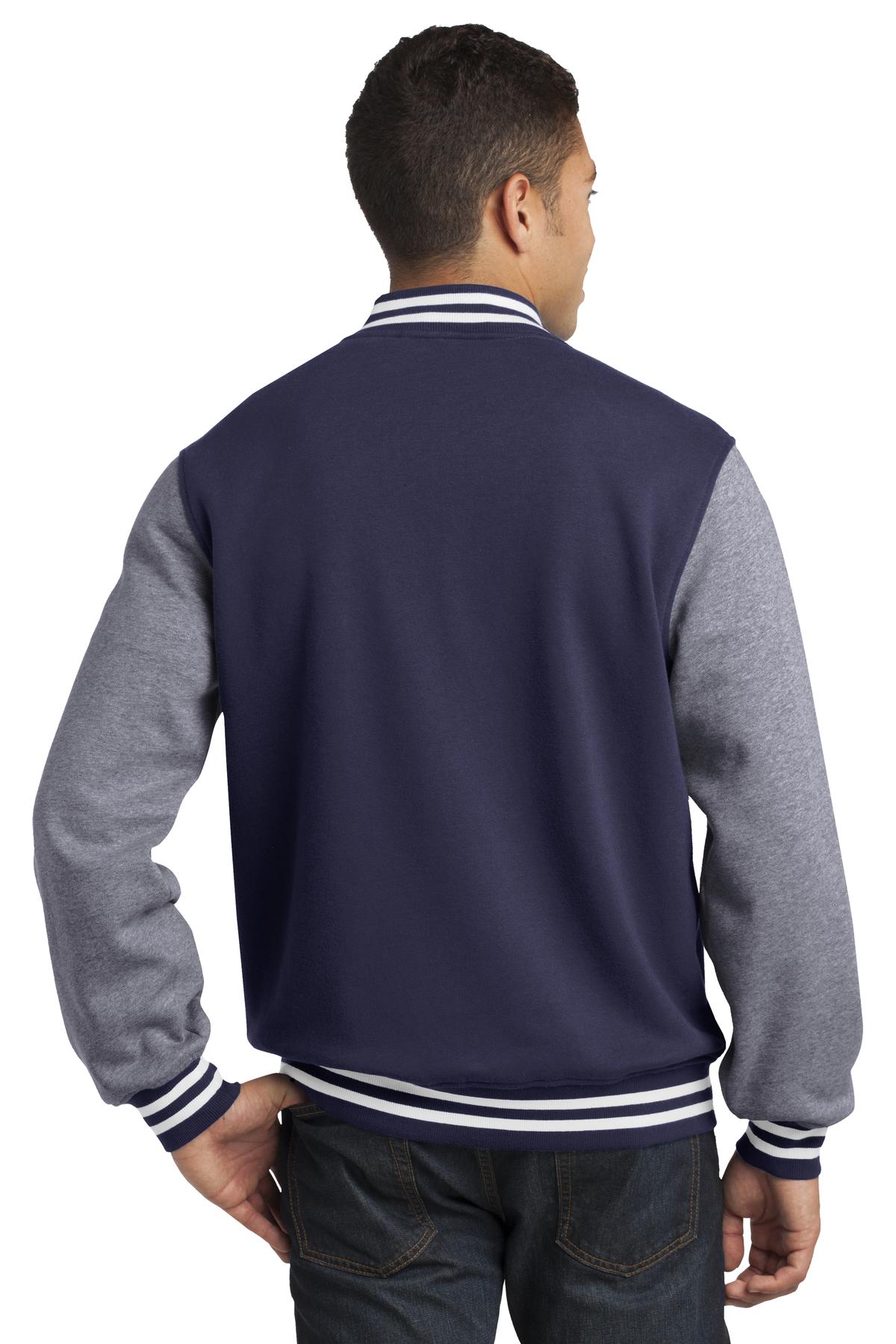 Sport-Tek Fleece Letterman Jacket. ST270 True Navy/ Vintage Heather