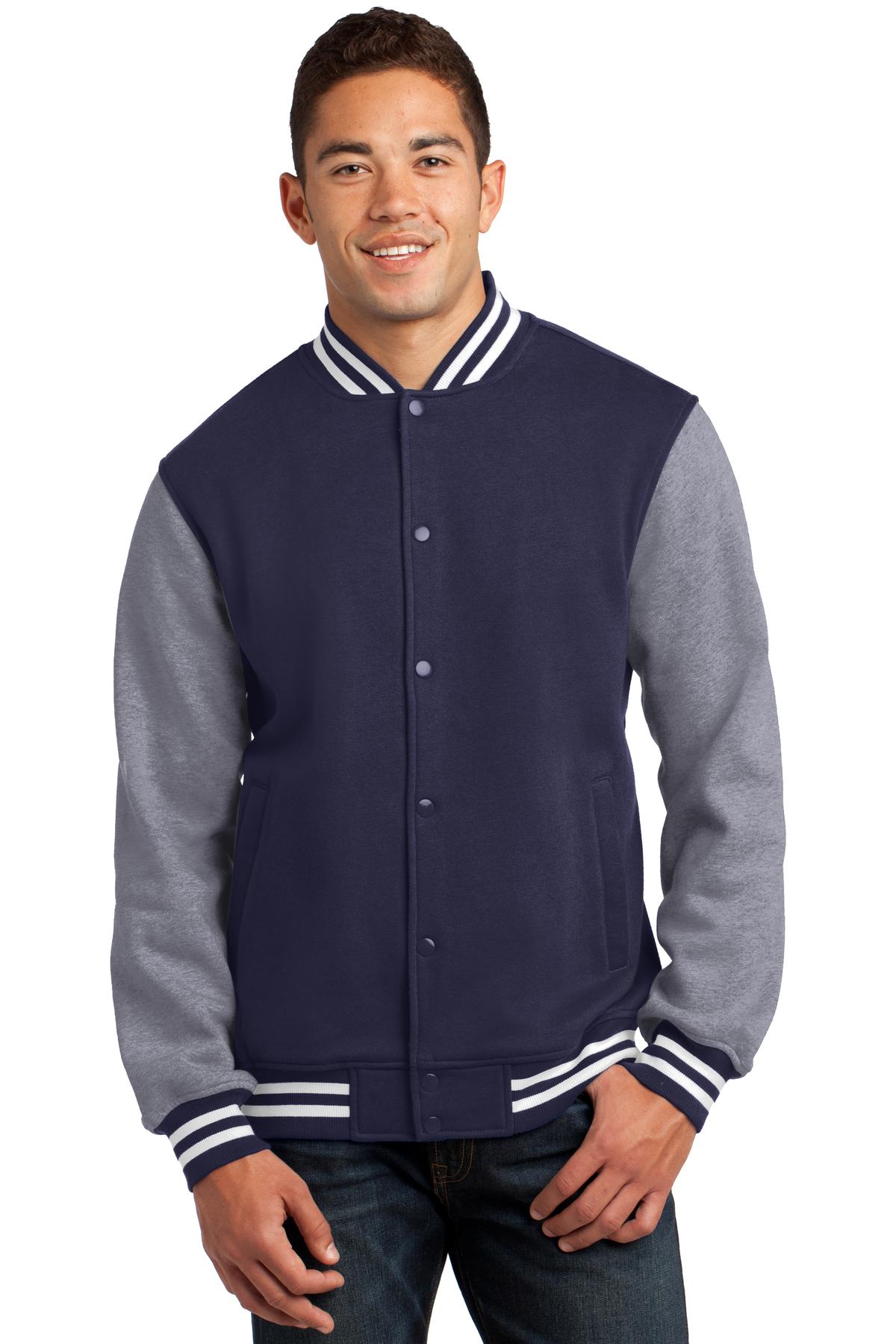 Sport-Tek Fleece Letterman Jacket. ST270 True Navy/ Vintage Heather