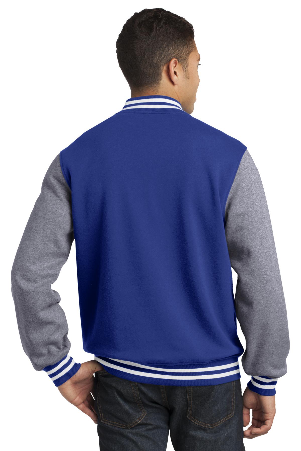 Sport-Tek Fleece Letterman Jacket. ST270 True Royal/ Vintage Heather