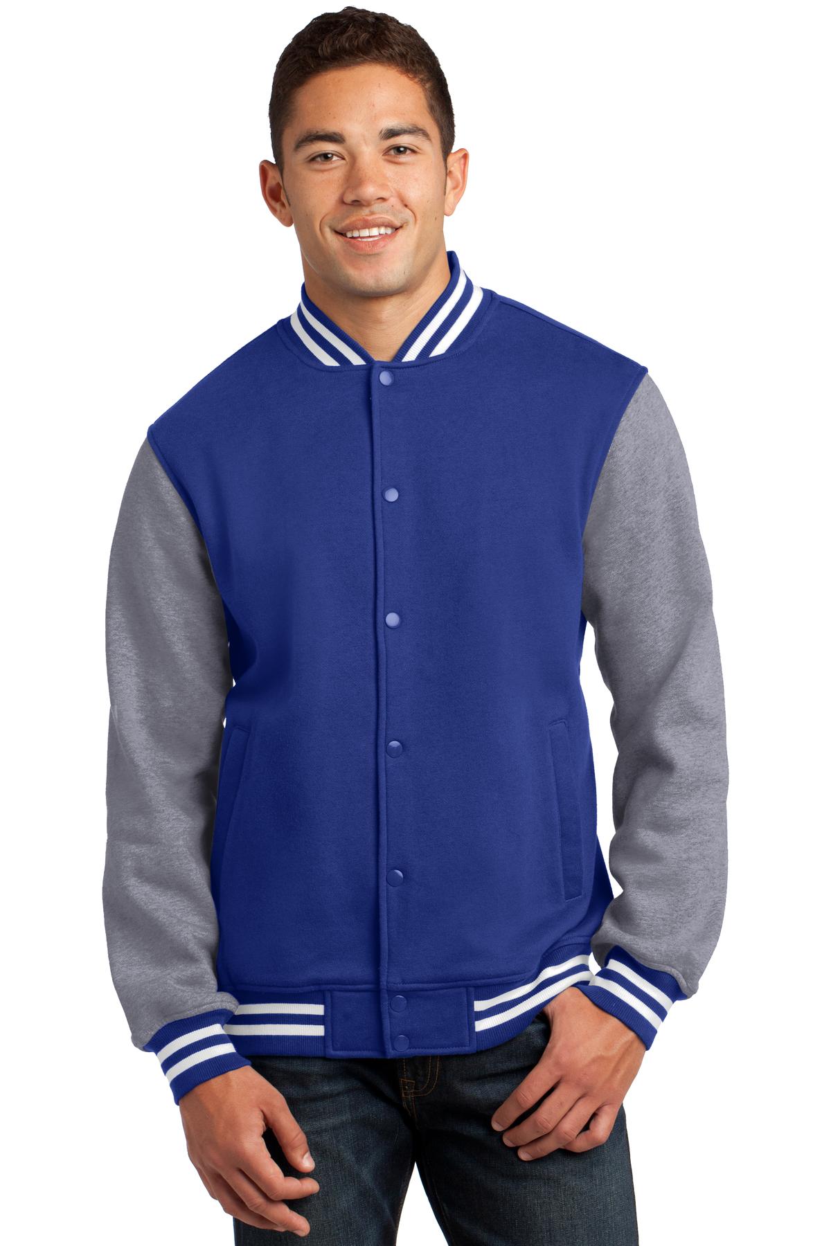 Sport-Tek Fleece Letterman Jacket. ST270 True Royal/ Vintage Heather